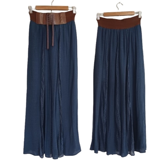 Altar'd State Dresses & Skirts - Altar'd State Boho Navy Blue Peasant Maxi Skirt with Attached Brown Corset Belt